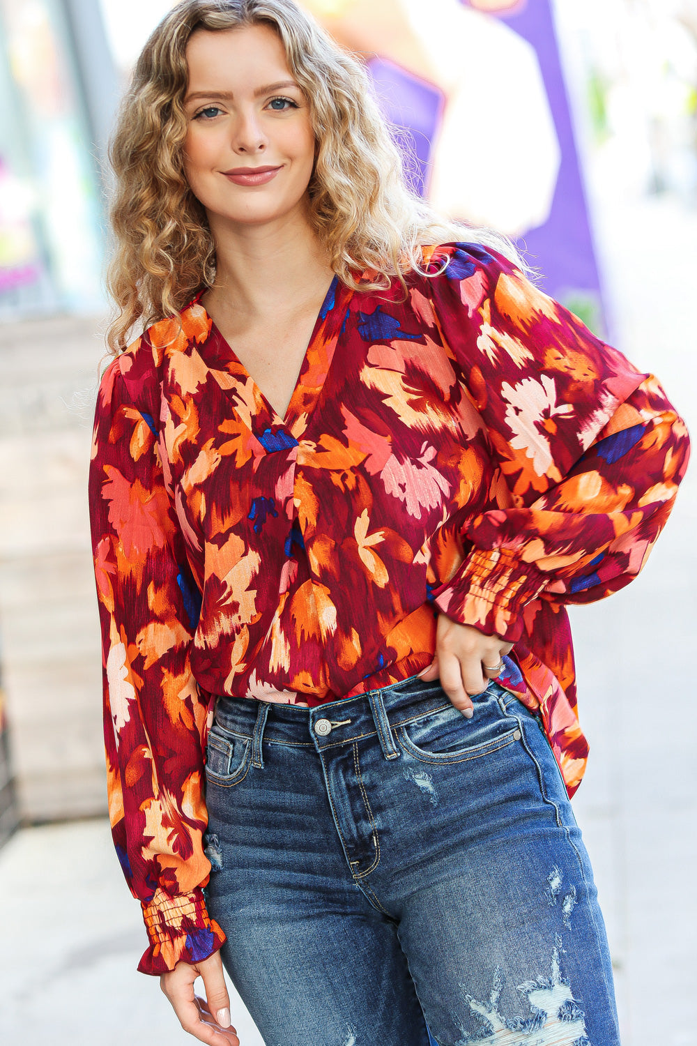 Burgundy Floral Abstract Print V Neck Smocked Top