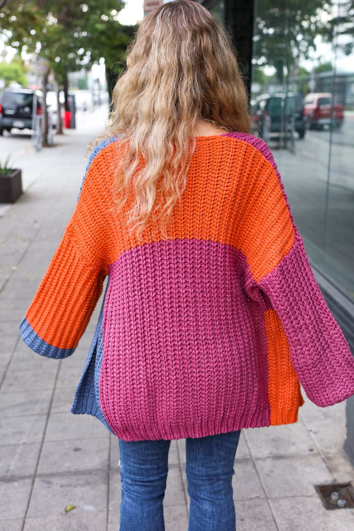 Dazzle In Magenta & Navy Chunky Knit Color Block Cardigan