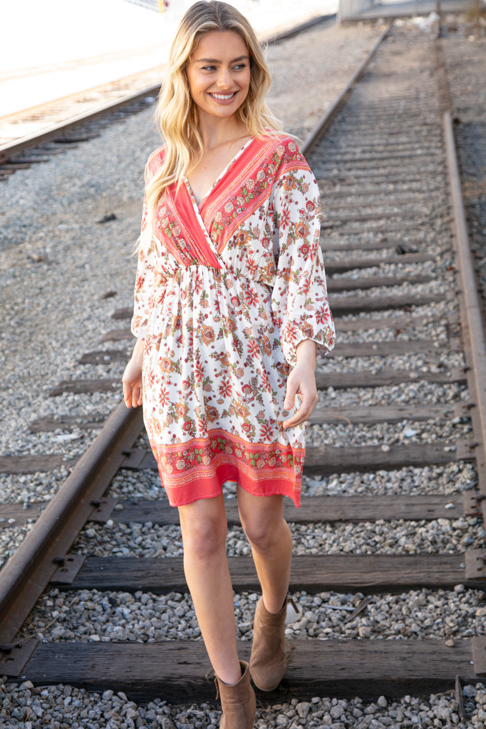 Coral Boho Challis Surplice Pocketed Dress