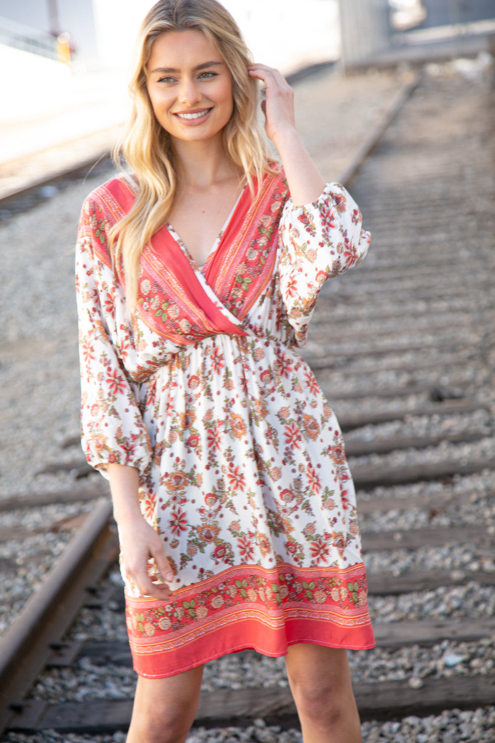 Coral Boho Challis Surplice Pocketed Dress