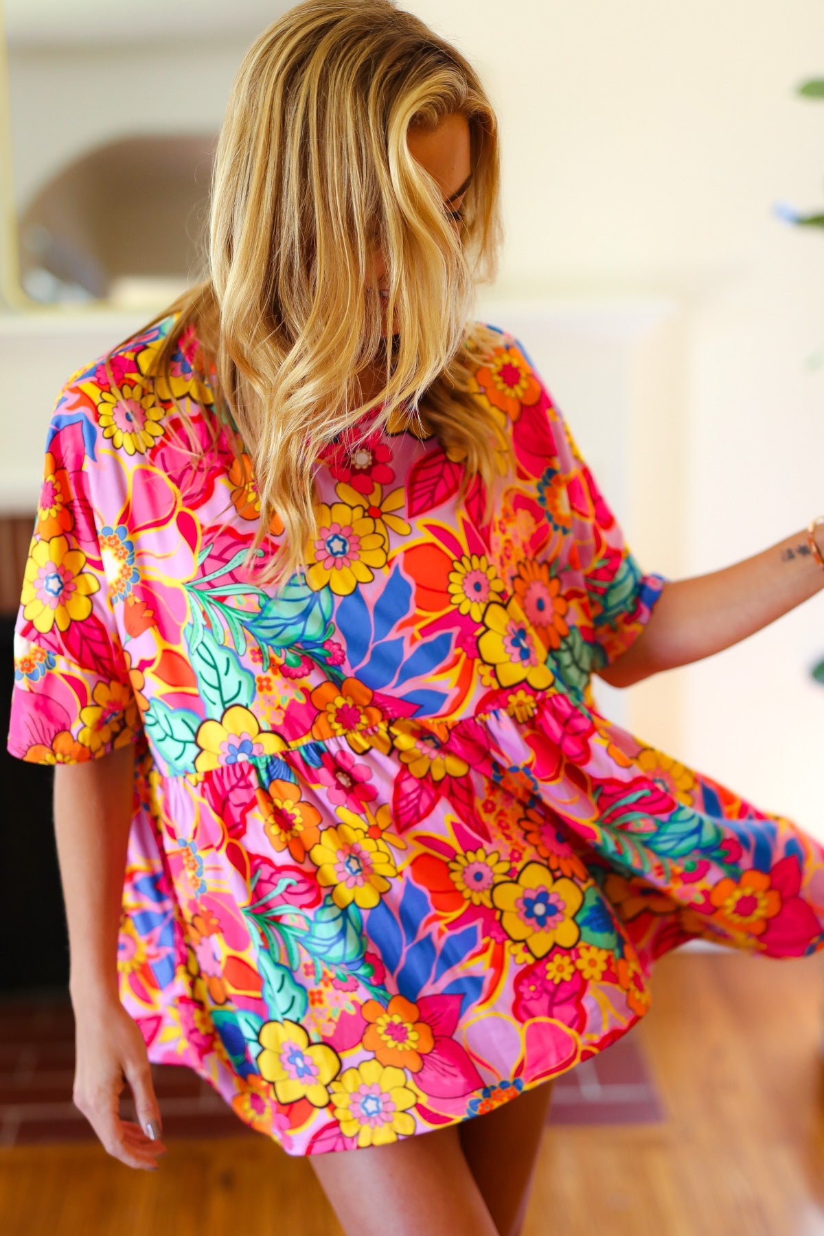 Yellow & Fuchsia Retro Floral Babydoll Top