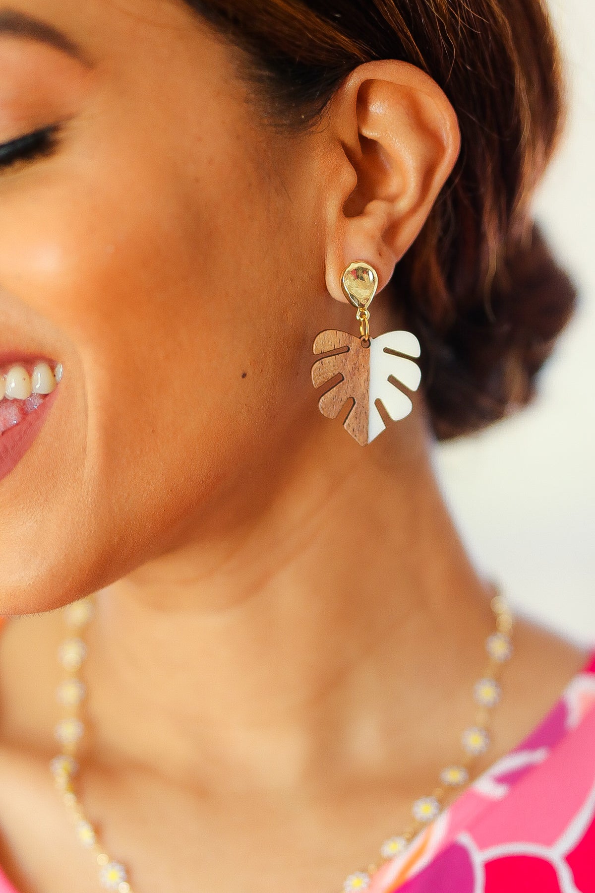 Bone & Wood Tropical Leaf Drop Earrings