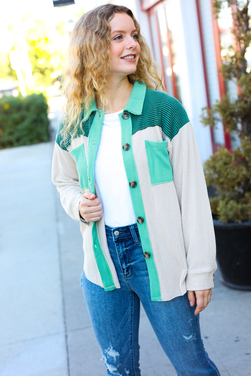 Hunter Green Ribbed Colorblock Button Down Shacket