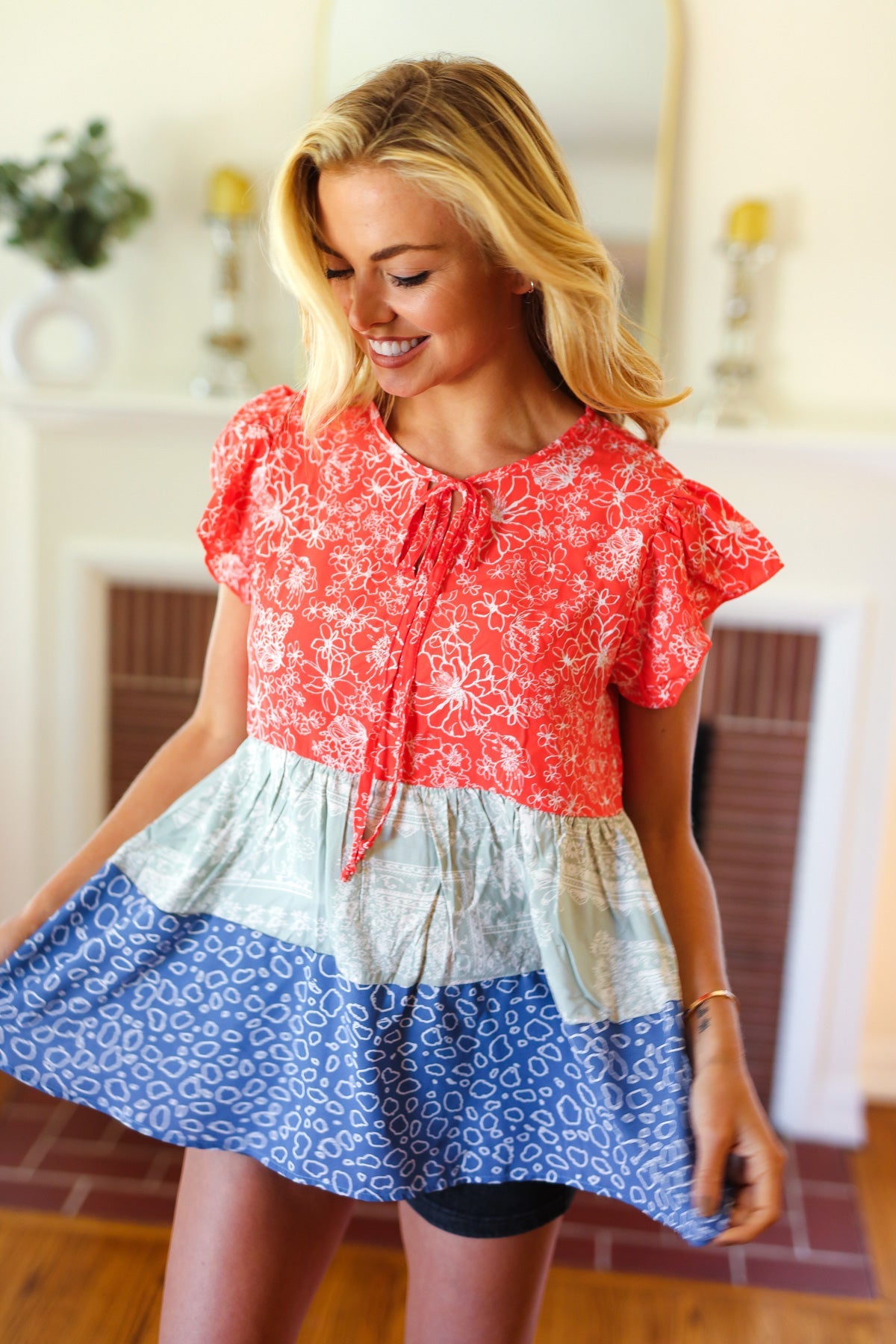 Red & Blue Color Block Tiered Tie Neck Top