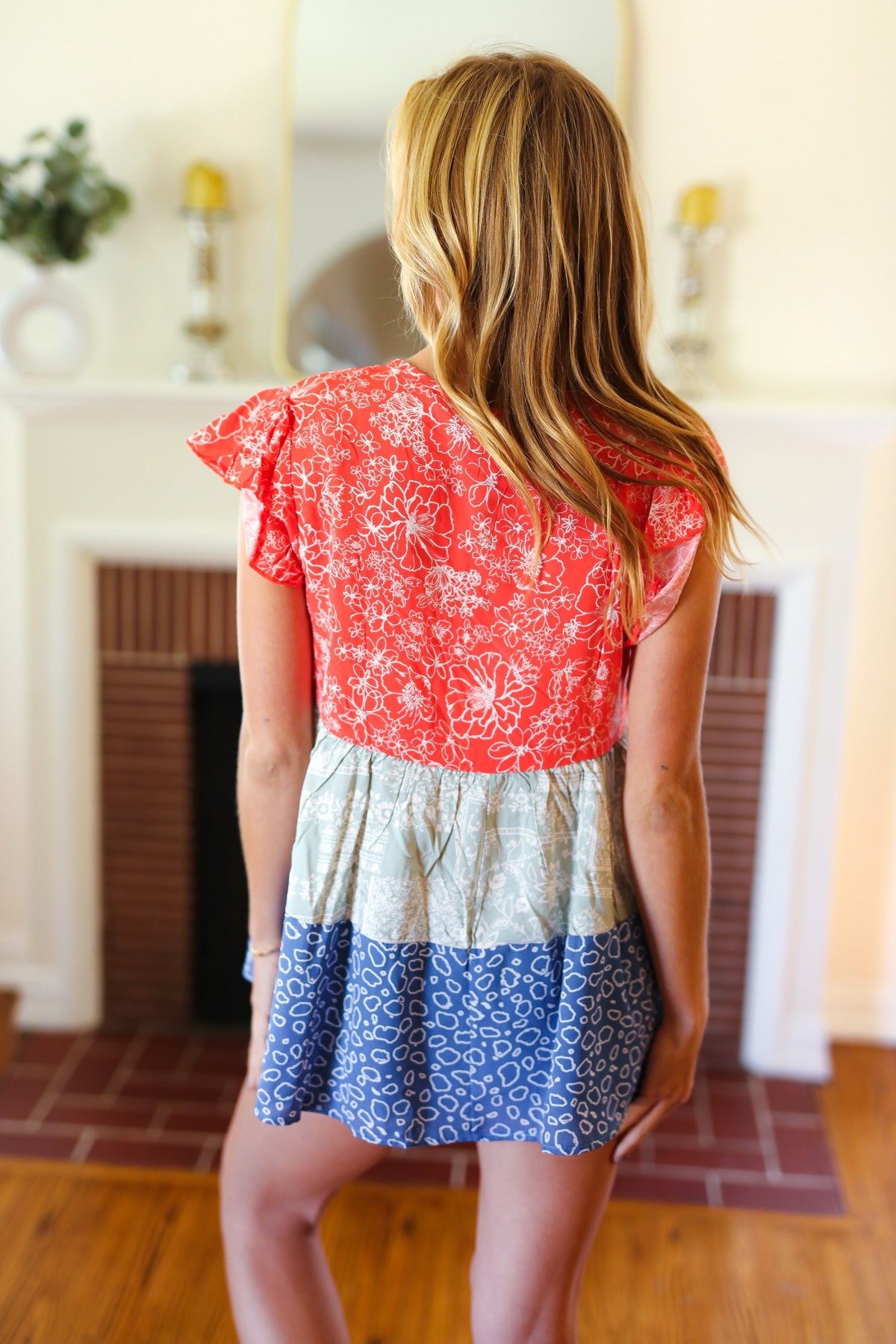 Red & Blue Color Block Tiered Tie Neck Top