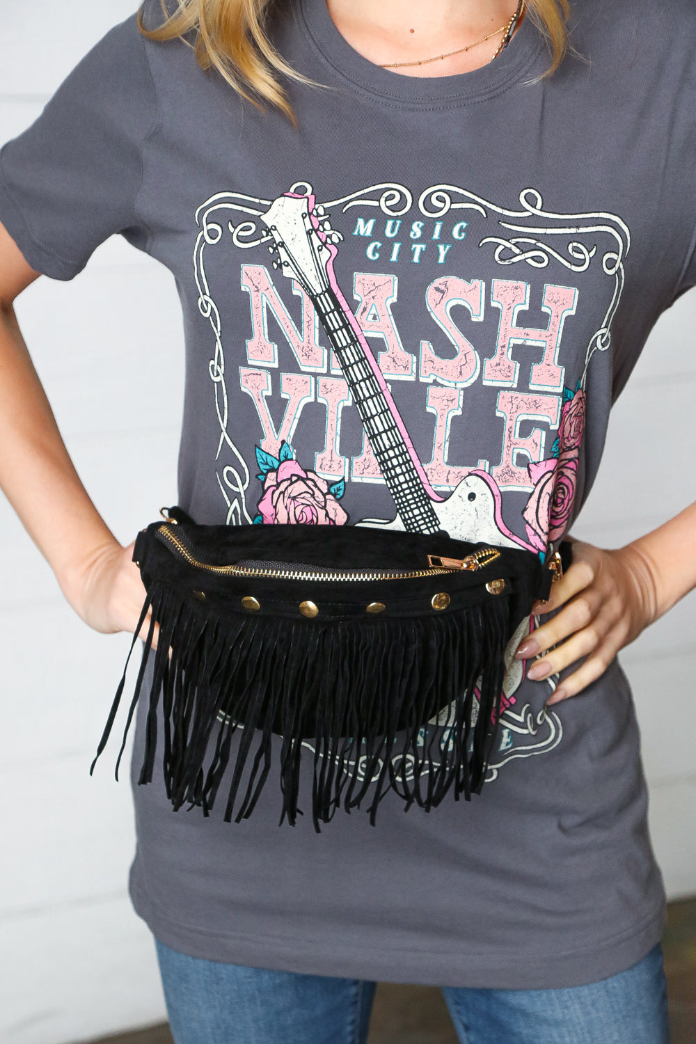 Black Vegan Suede Sling Fringe Fanny Pack/Crossbody