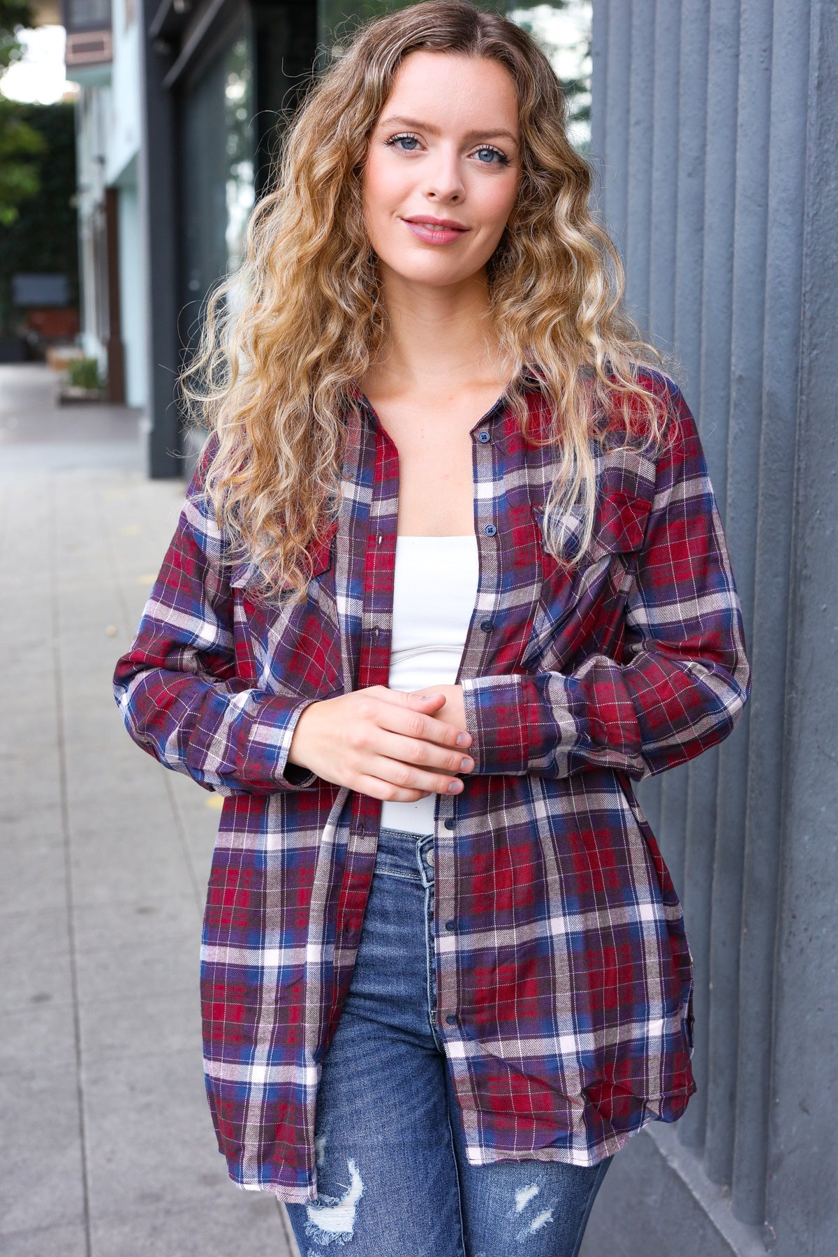 Make a Move Cabernet Plaid Button Down Long Sleeve Top