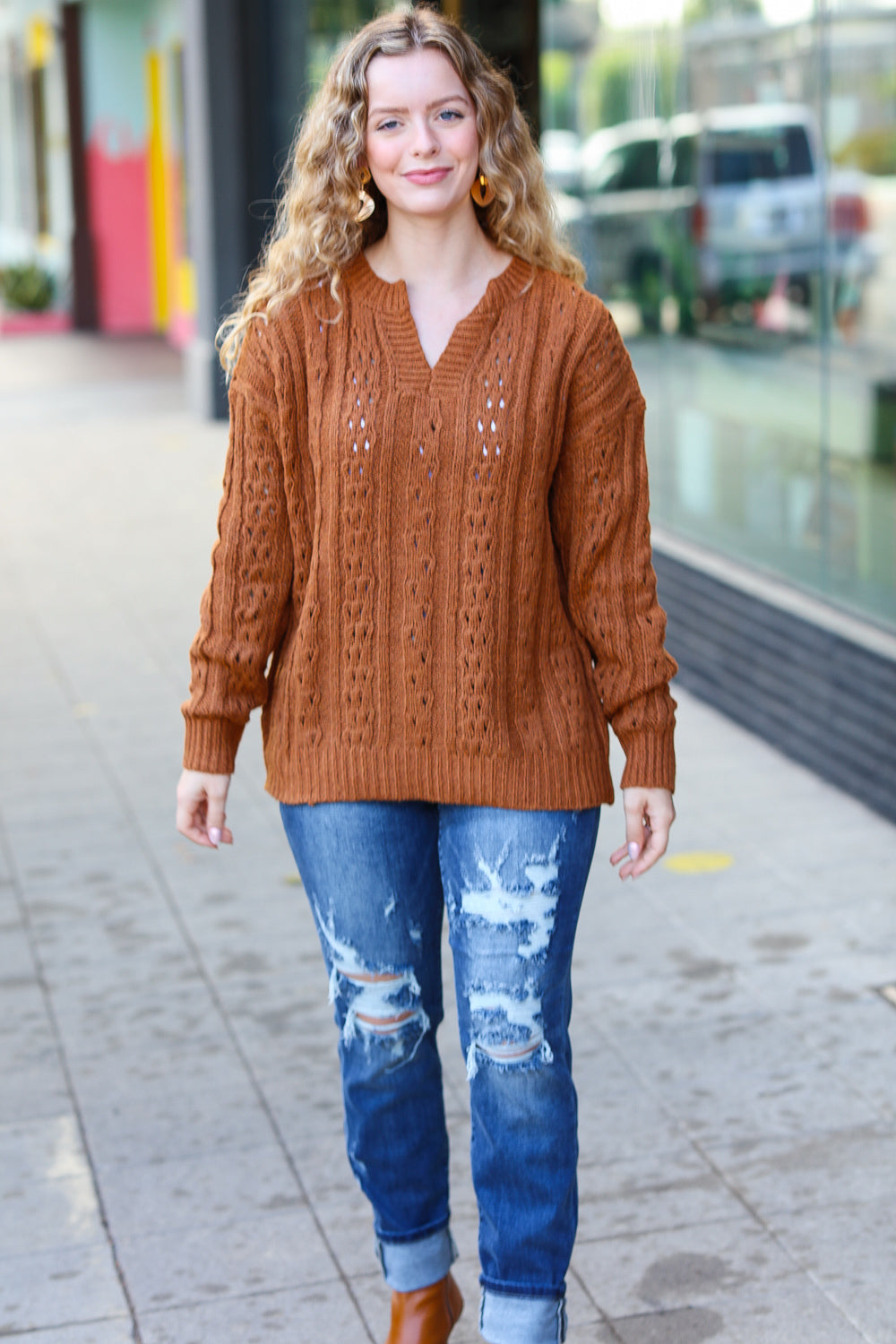 Can't Resist Rust Cable Knit Notched Neck Pullover Sweater