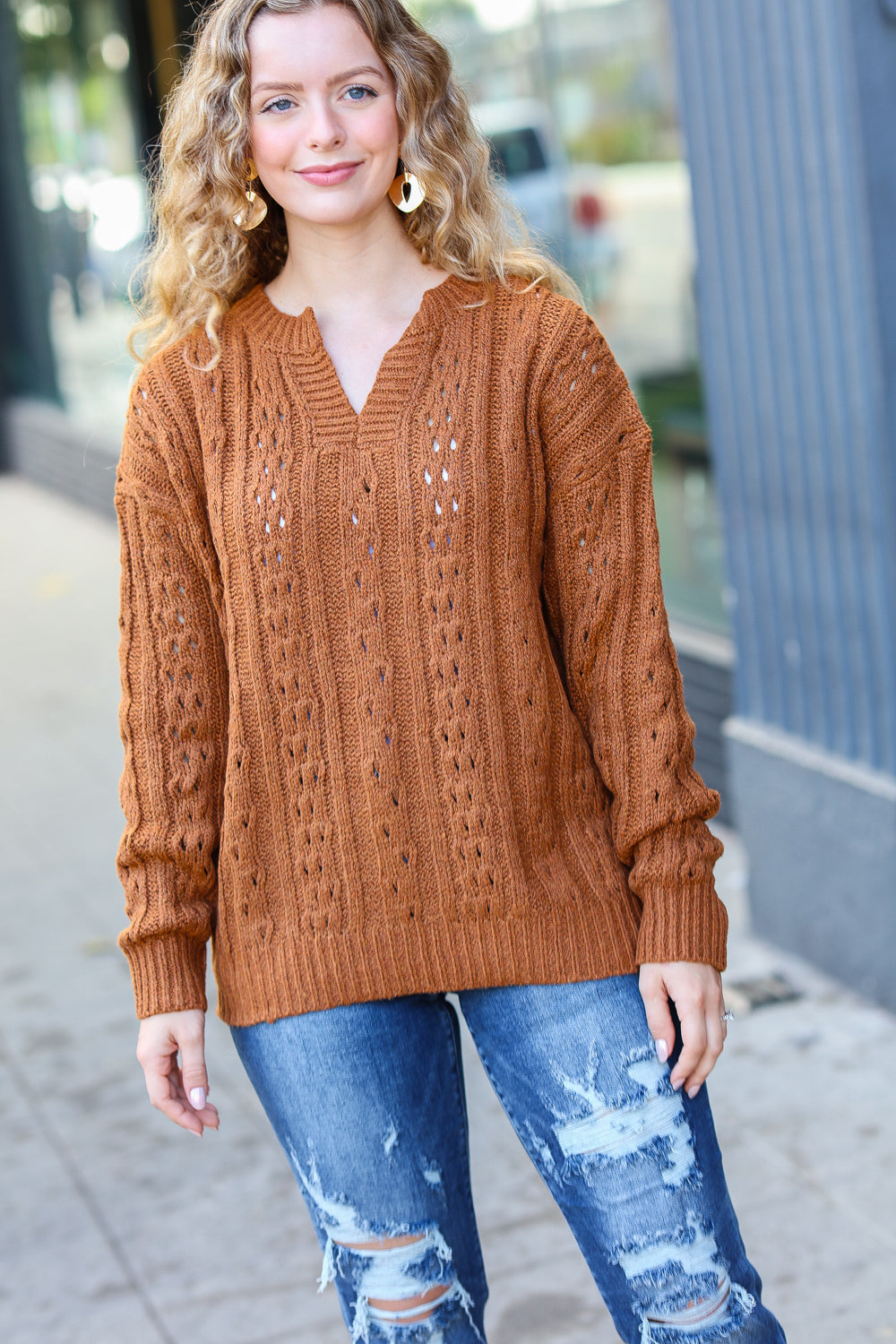 Can't Resist Rust Cable Knit Notched Neck Pullover Sweater