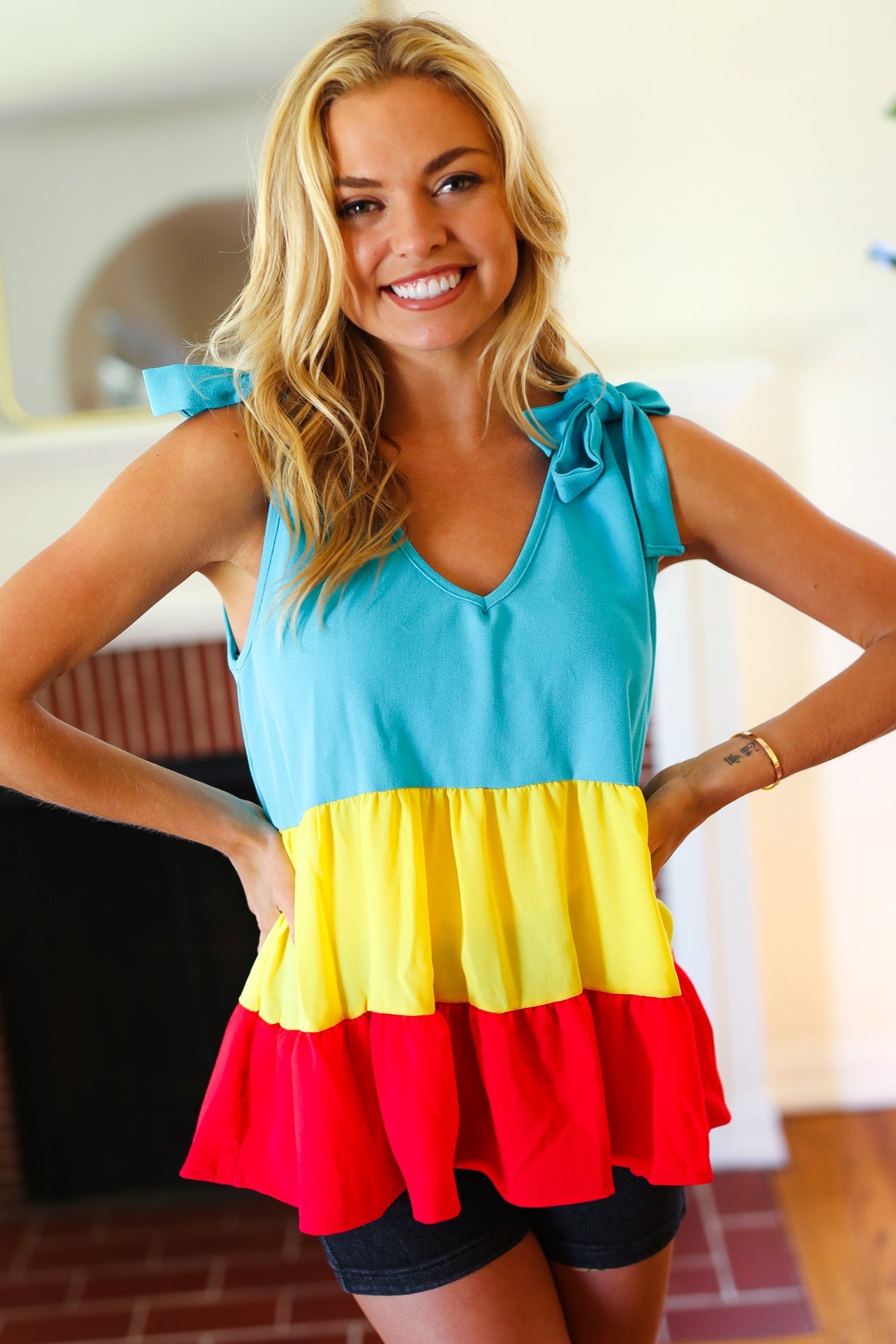 Multicolor Tiered Shoulder Tie Bow Crepe Top