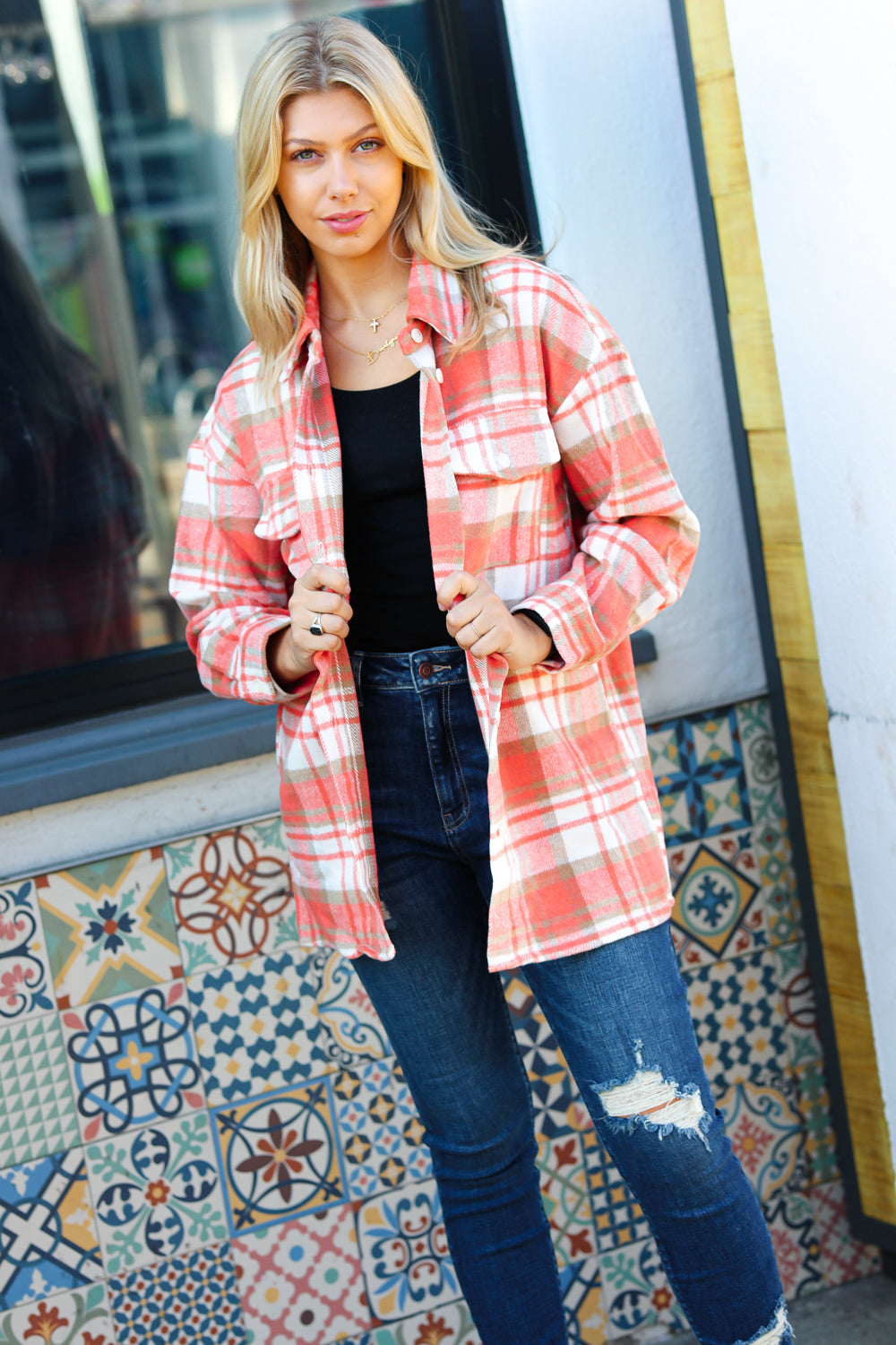 Orange Plaid Flannel Button Down Shacket