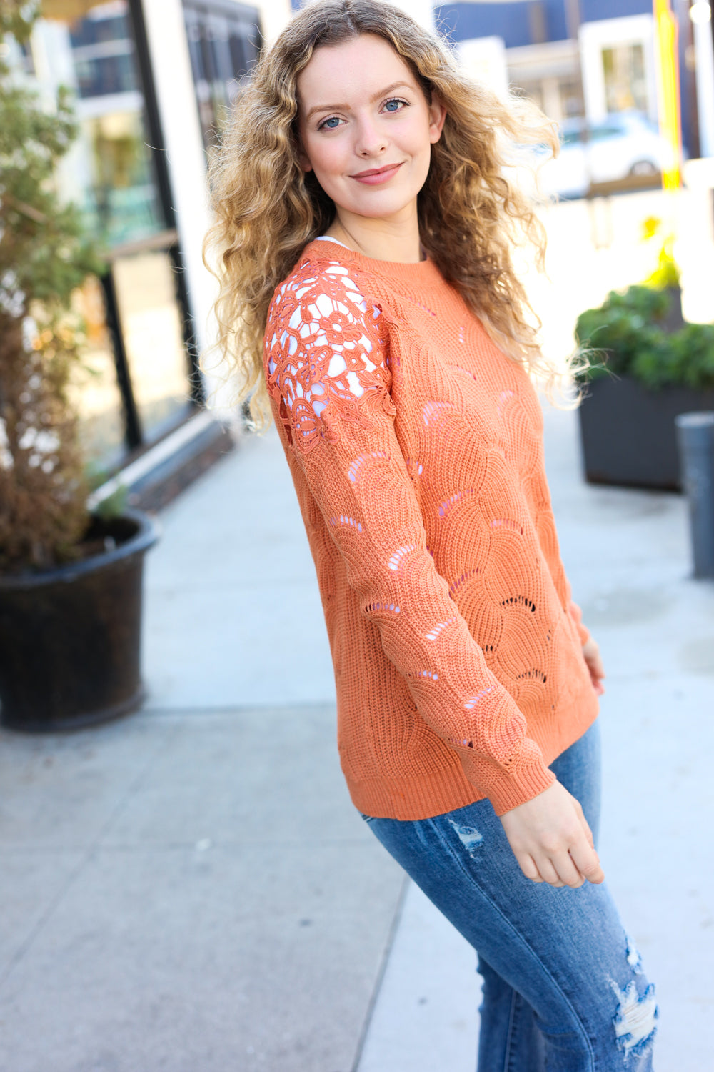 Pumpkin Pointelle Shoulder Lace Sweater