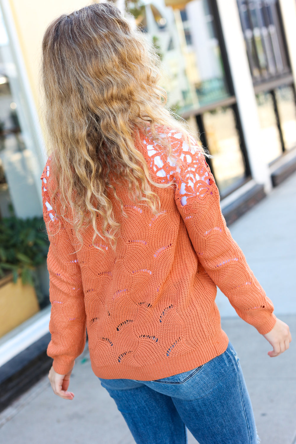 Pumpkin Pointelle Shoulder Lace Sweater