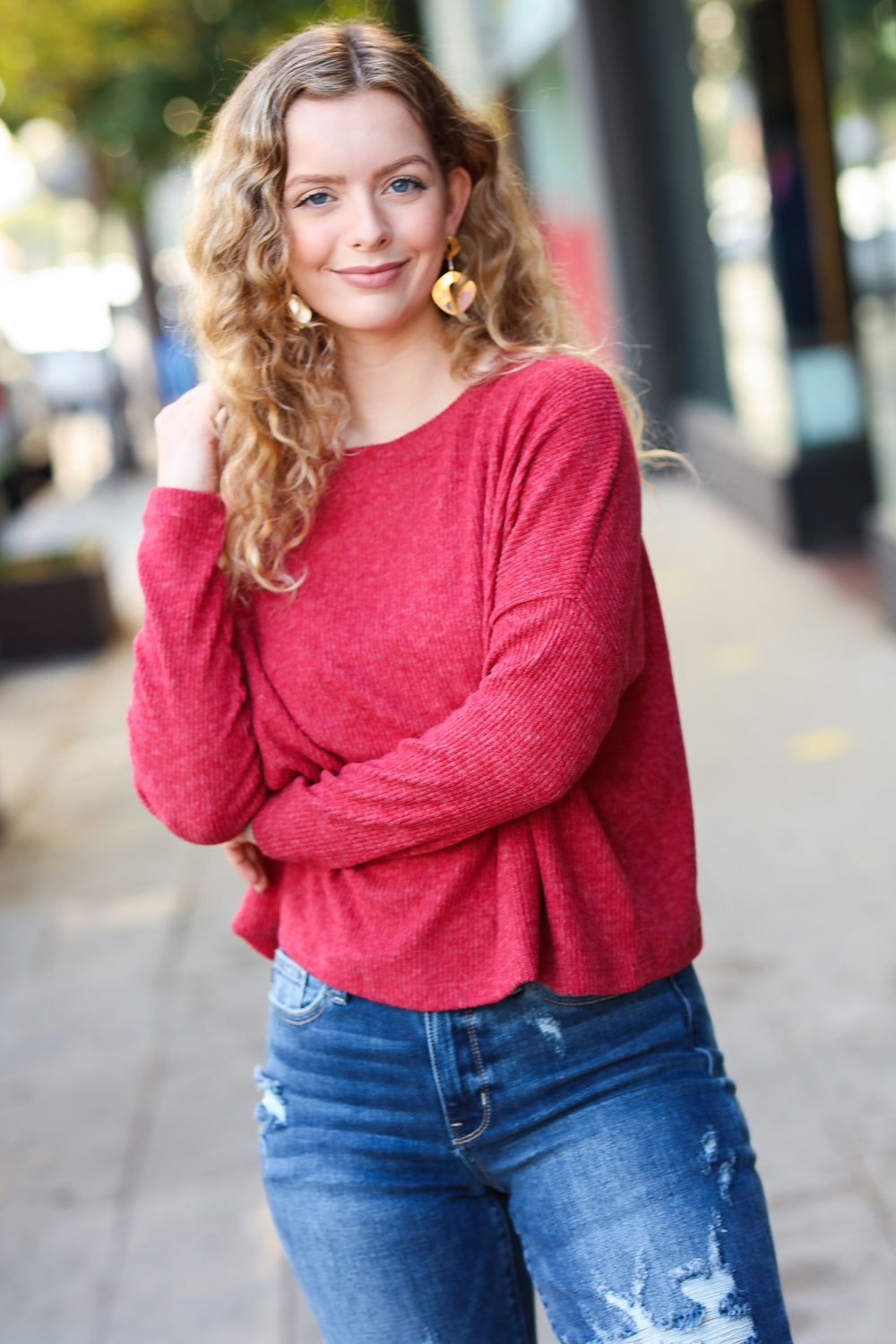 Stay Awhile Red Ribbed Dolman Cropped Sweater