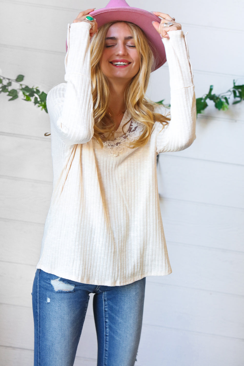 Cream Rib Lace V Neck Button Detail Top