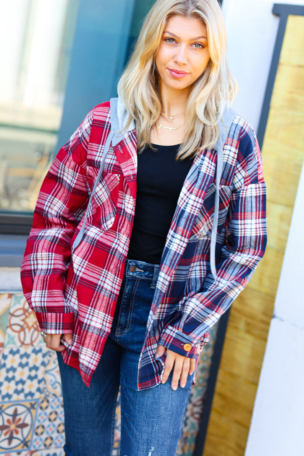 Red & Navy Plaid Color Block Hoodie Shacket