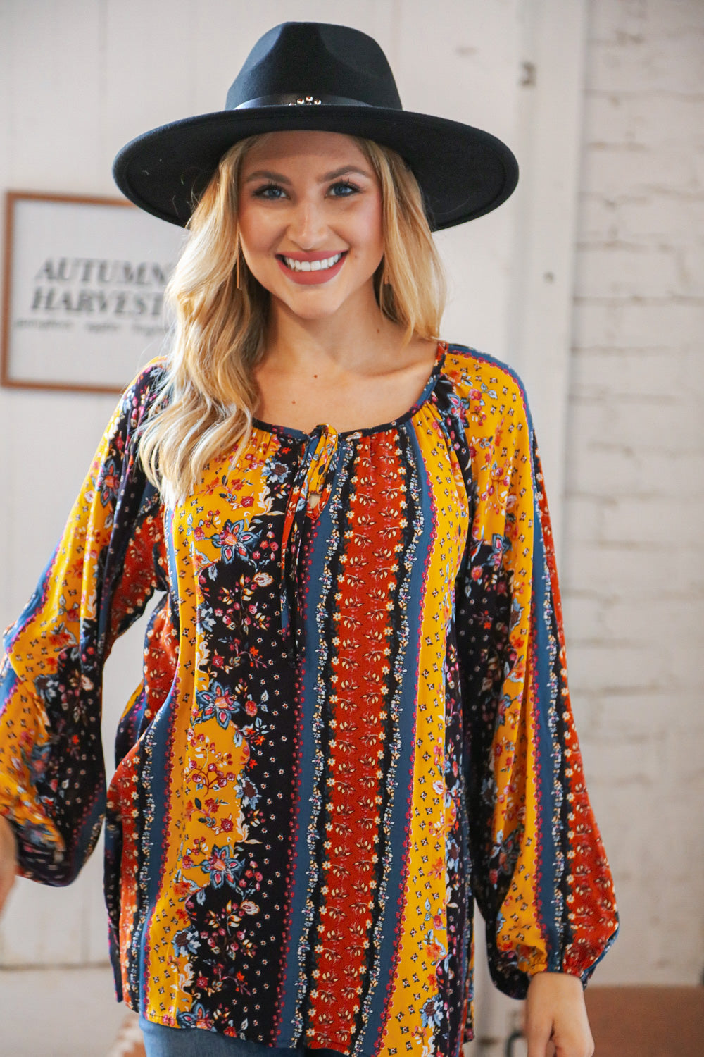 Boho Vertical Floral Front Tie Peasant Woven Blouse