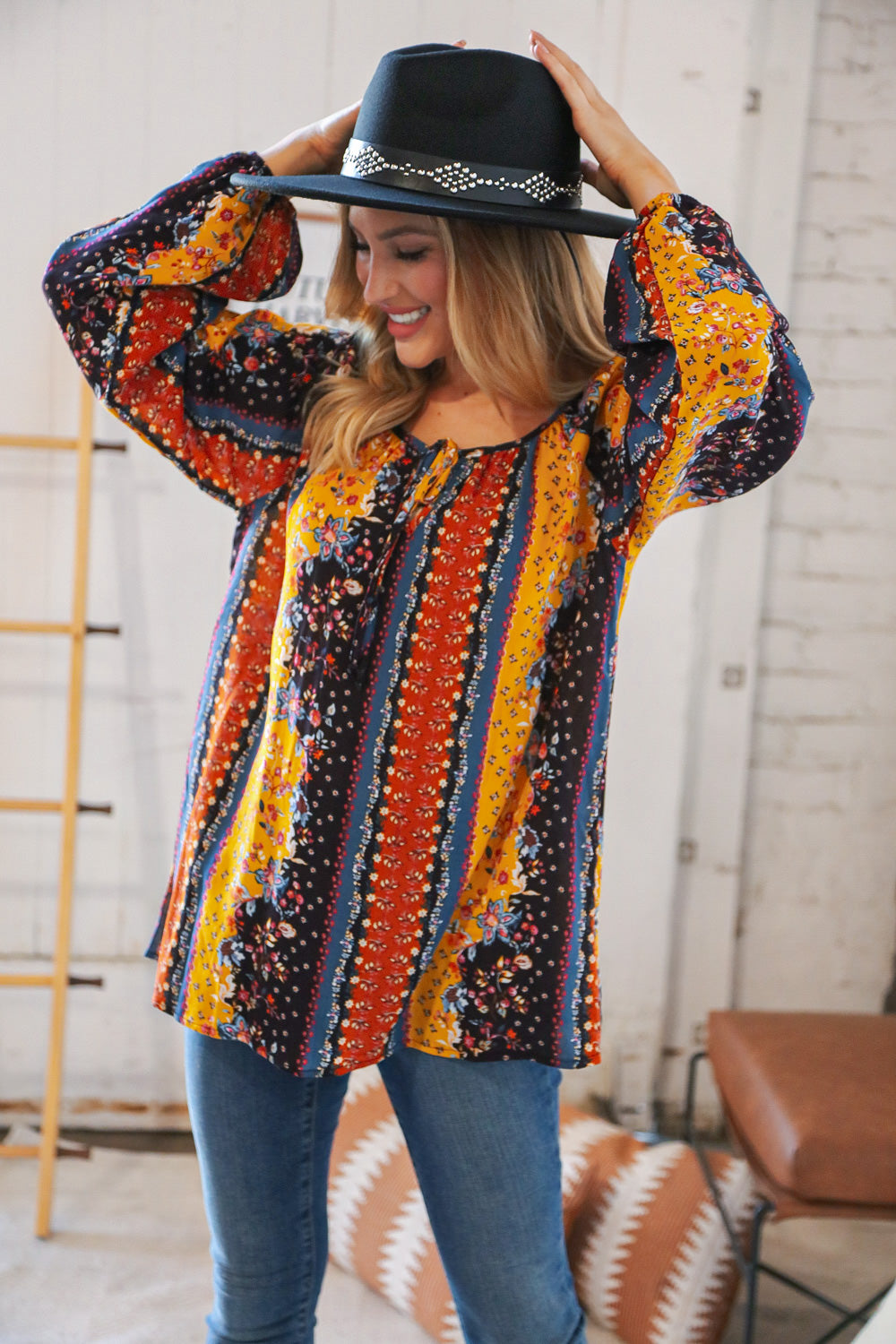 Boho Vertical Floral Front Tie Peasant Woven Blouse