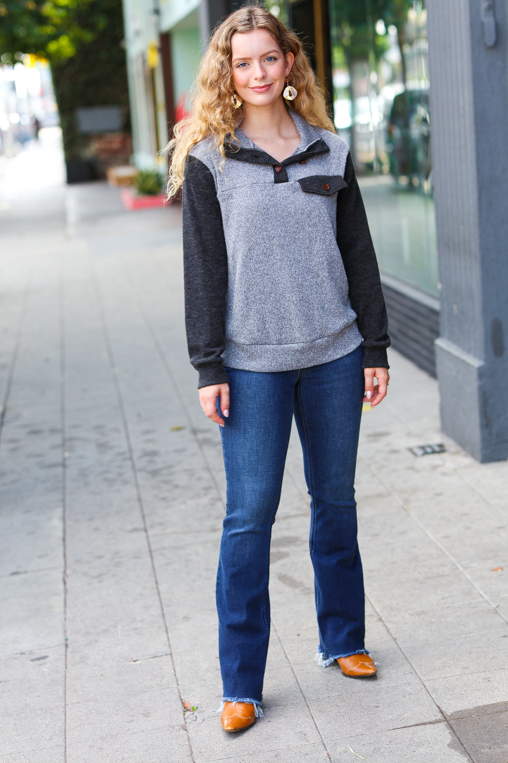 Charcoal & Grey Color Block Rib Button Down Top