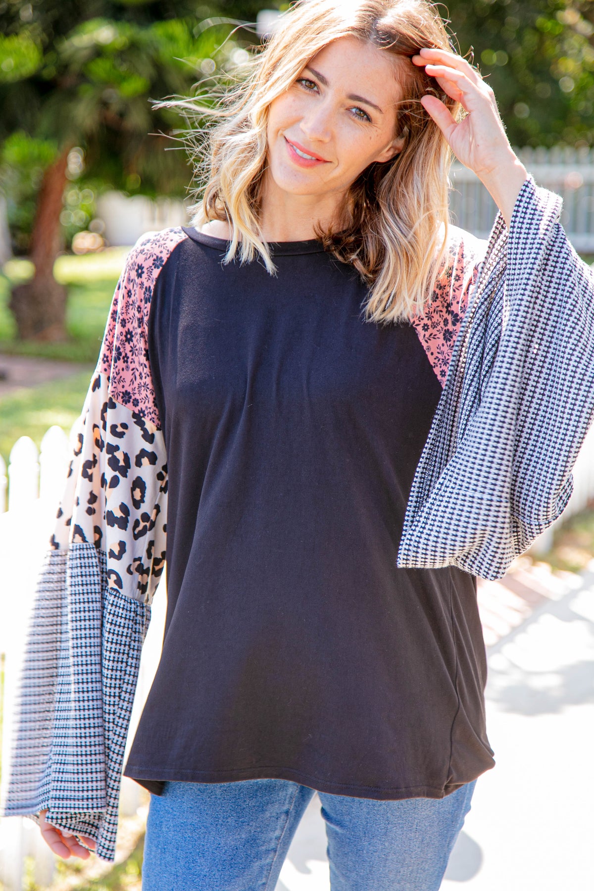 Floral Leopard Print Jacquard Block Bell Sleeve Top