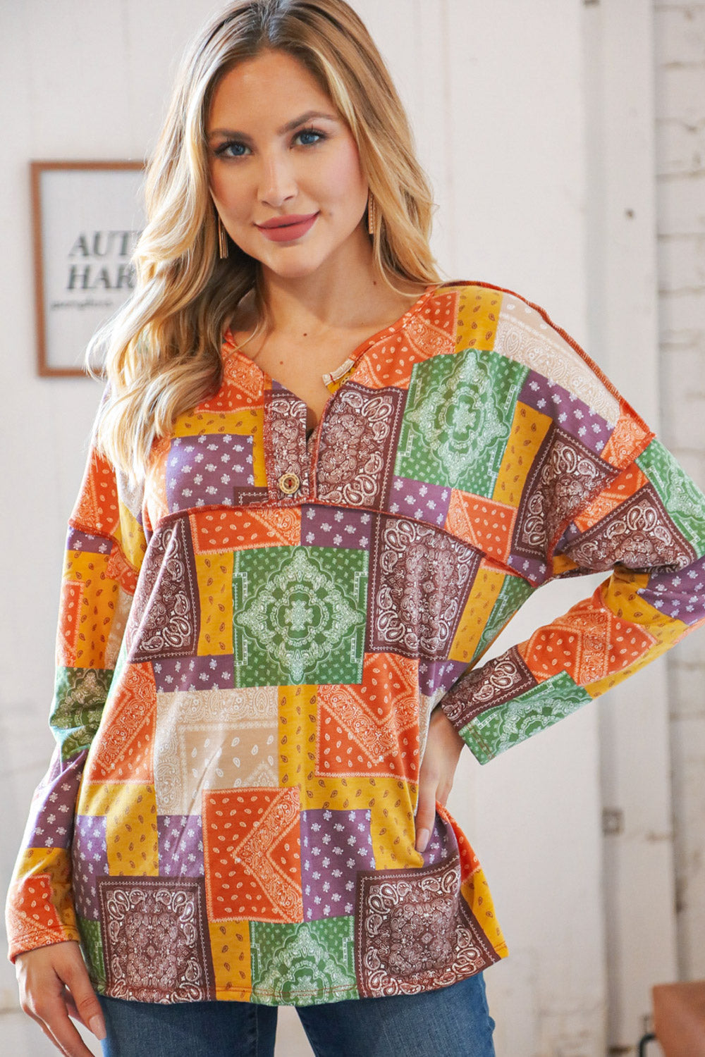 Multicolor Patchwork Button Down Terry Outseam Top