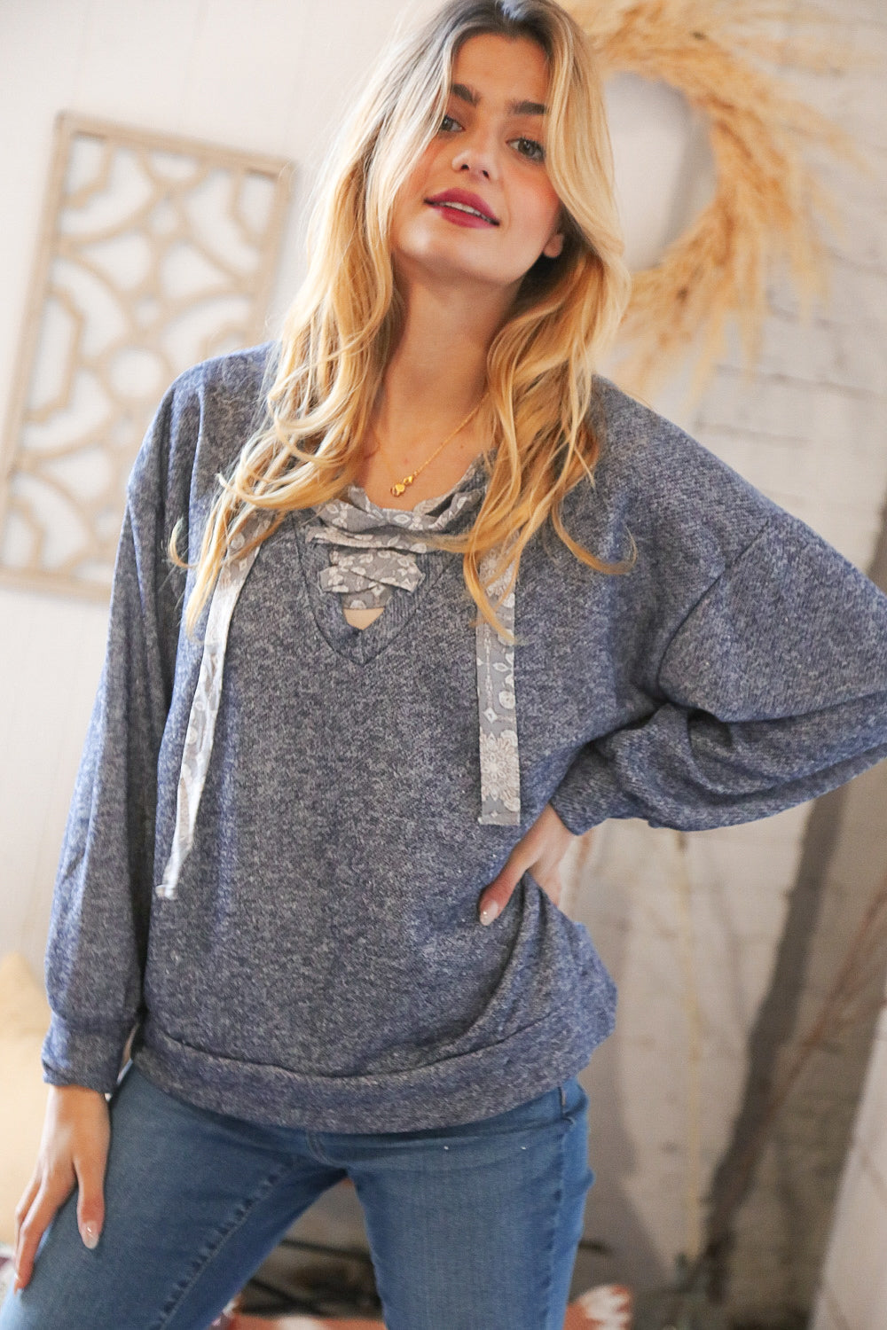 Blue Cotton Terry Floral Lace Up Bubble Sleeve Pullover