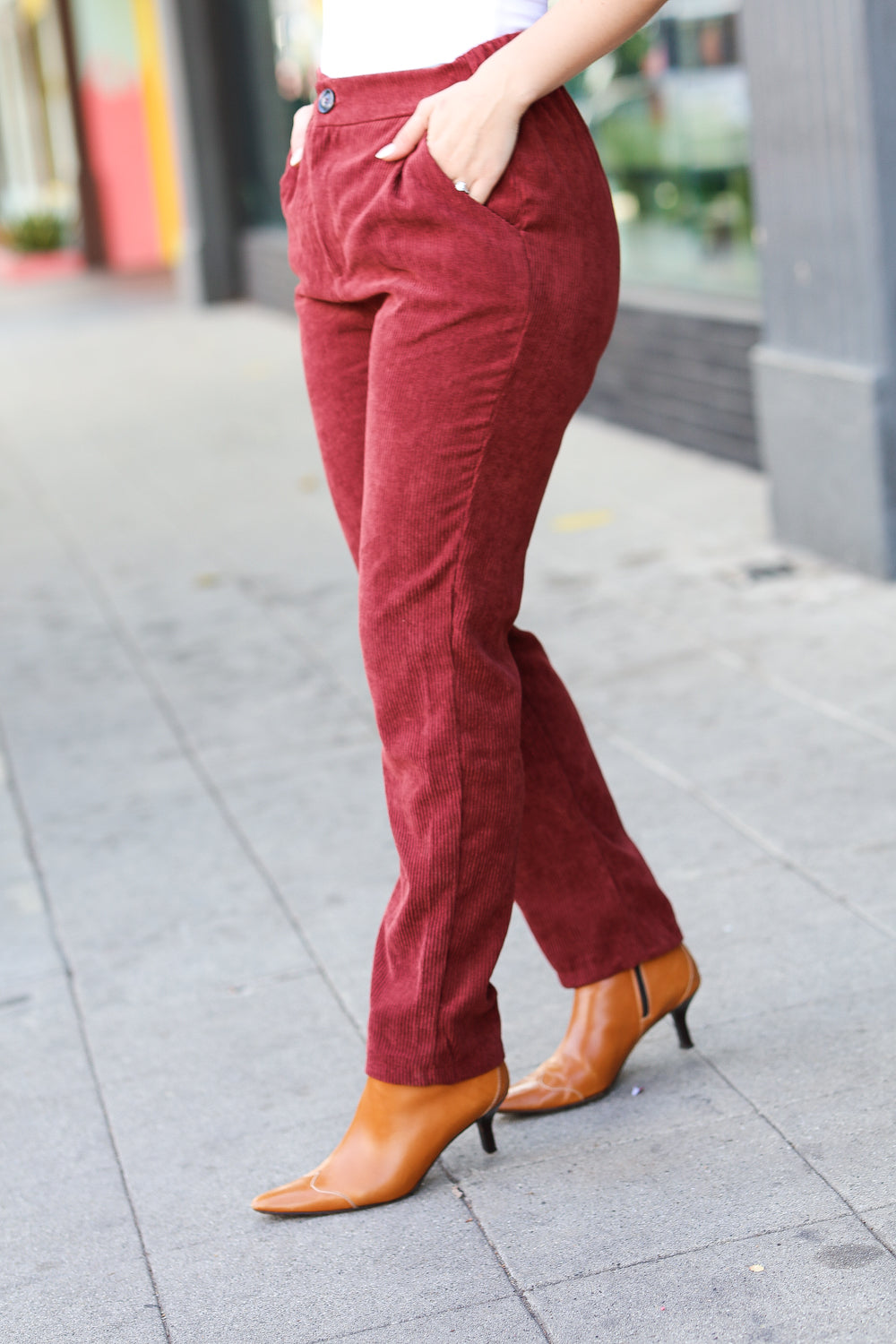 Going Your Way Burgundy Corduroy High Rise Tapered Pants