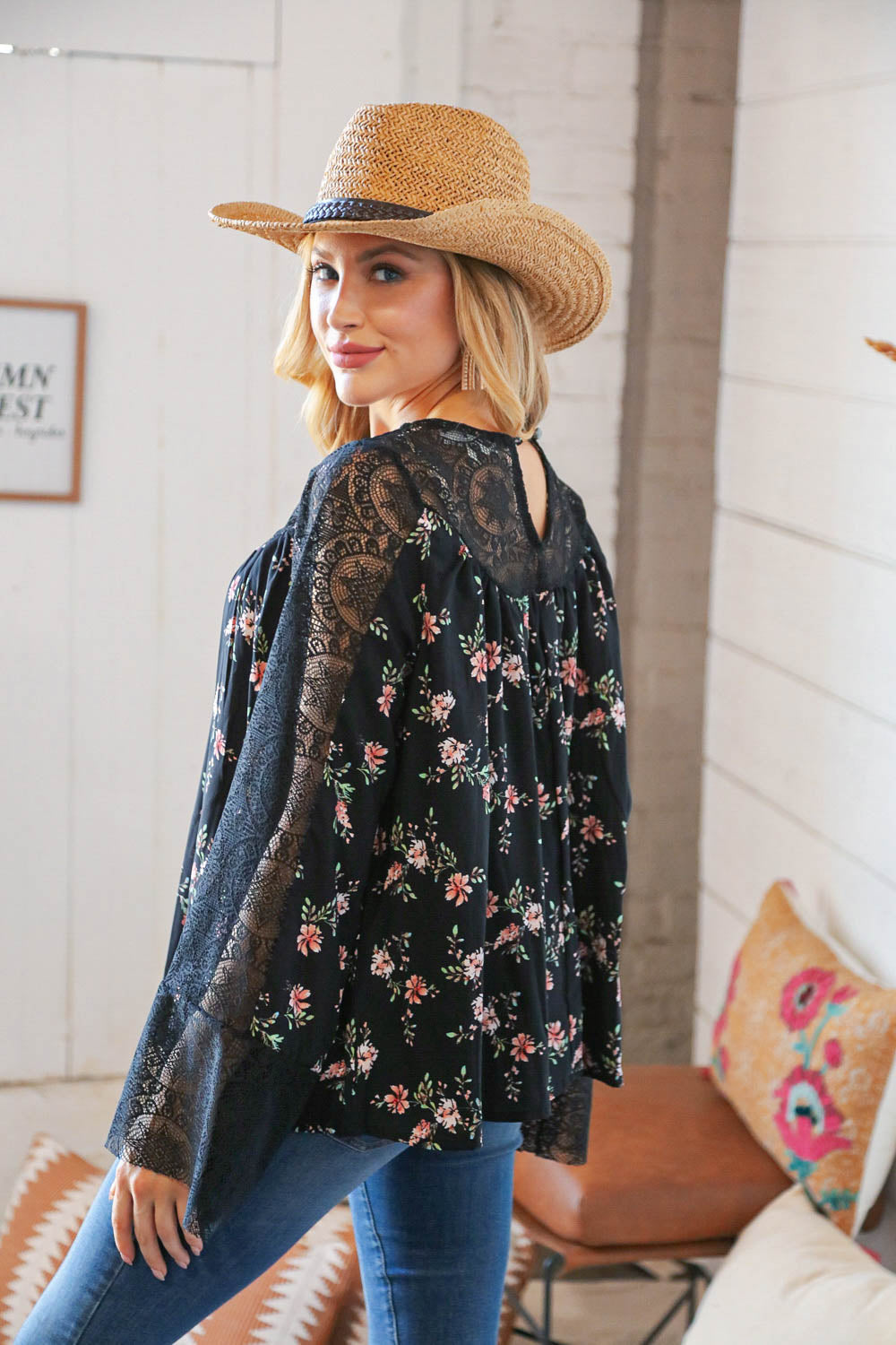 Black Floral Lace Color Block Bell Sleeve Blouse