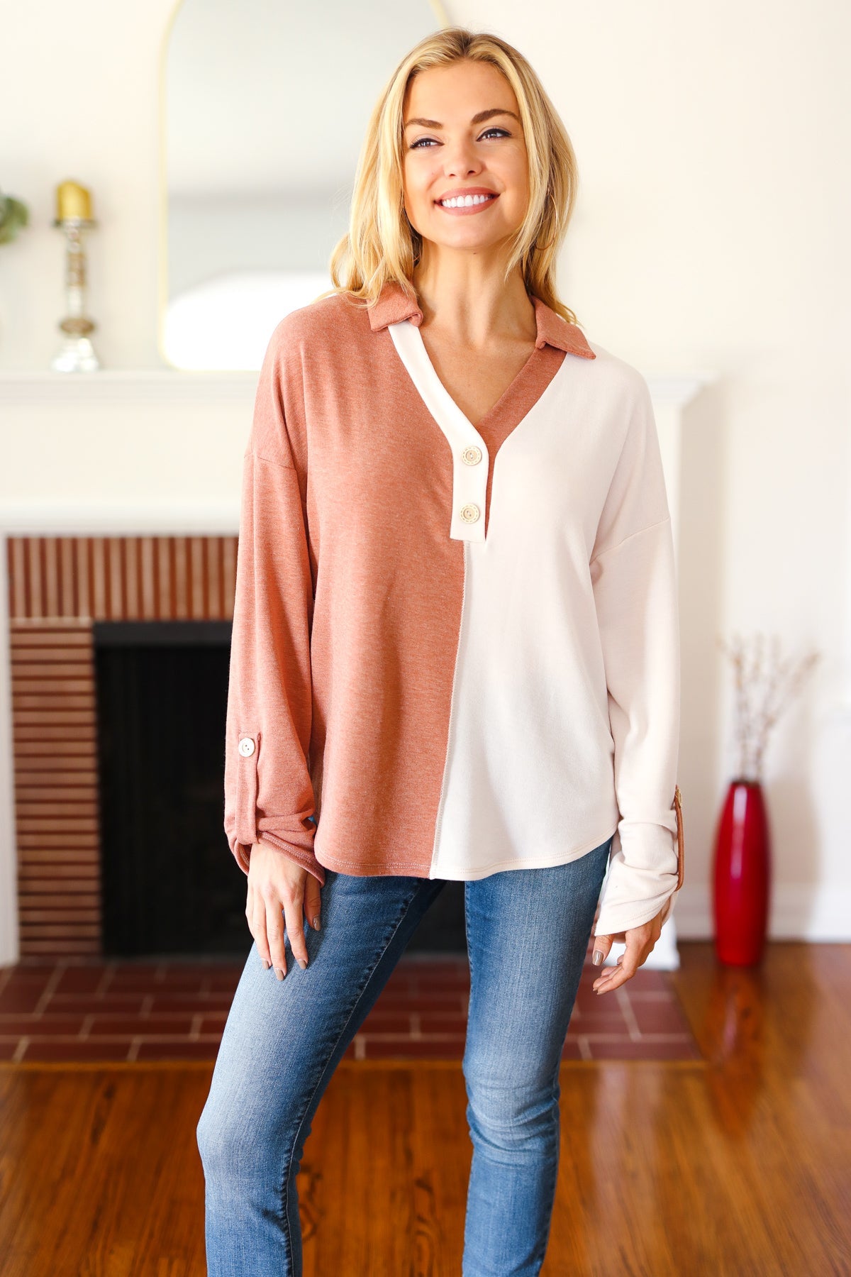 Start Your Day Rust Half & Half Collared Notched Neck Top