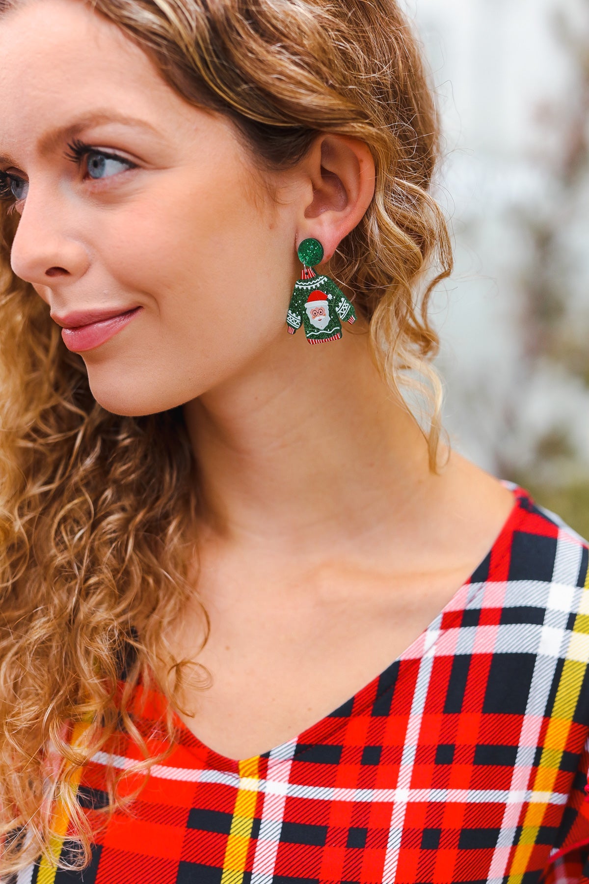 Green Christmas Sweater Acrylic Dangle Earrings