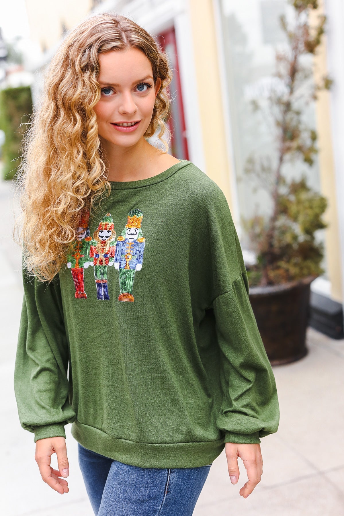 Be Merry Forest Green Nutcracker Sequin Hacci Top