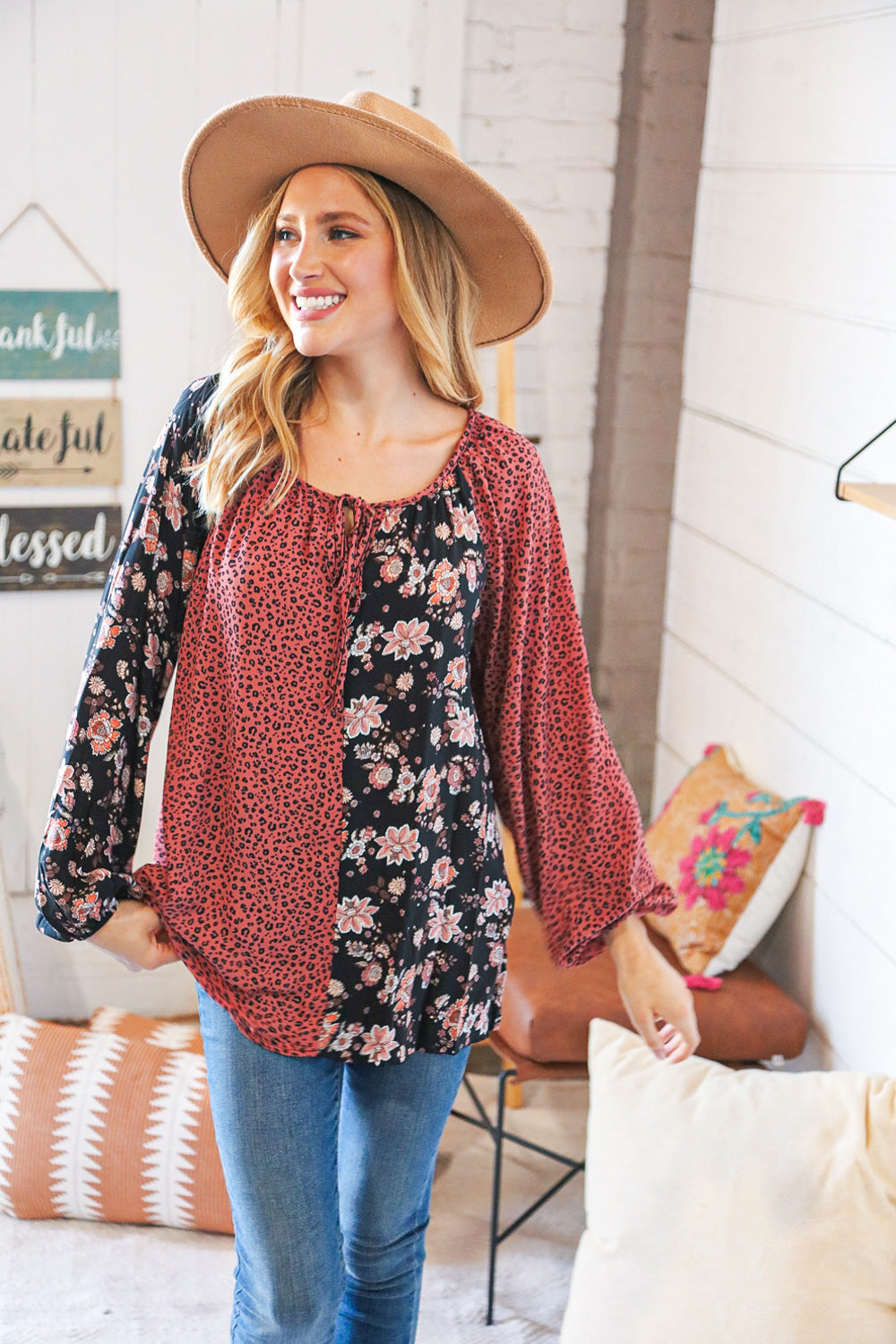 Mauve Leopard and Floral Color Block Key Hole Top