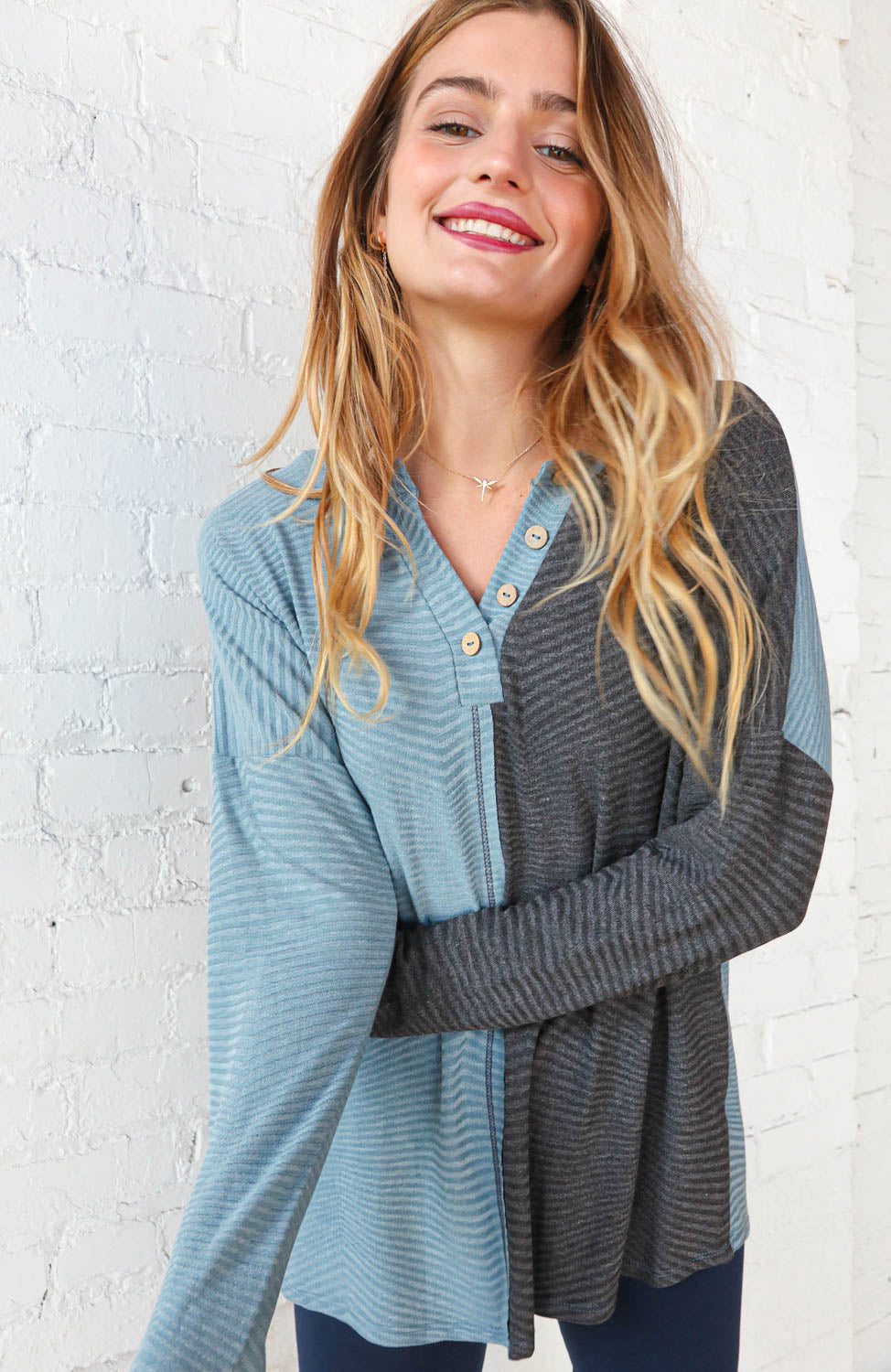 Blue & Grey Half and Half Slub Rib Button Top