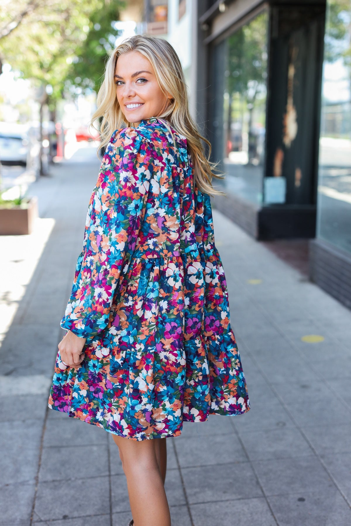 Beautiful You Teal & Berry Watercolor Floral Mock Neck Dress