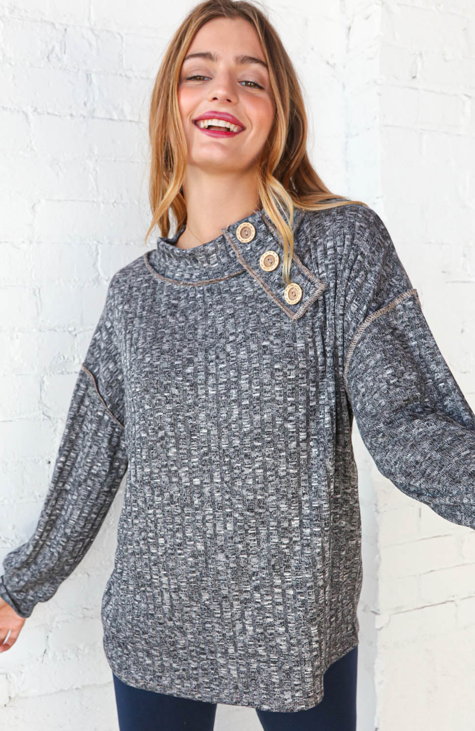 Grey & Black Two-Tone Wide Neck Button Hacci Top