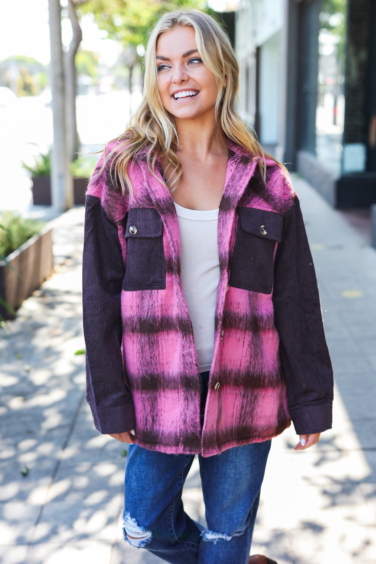 Spread Joy Pink & Brown Plaid Corduroy Button Down Fuzzy Jacket