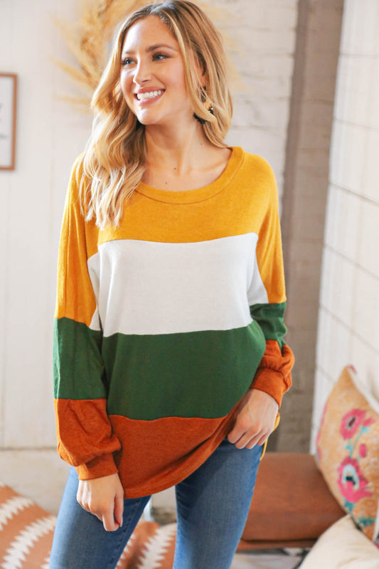 Mustard & Green Color Block Hacci Knit Top