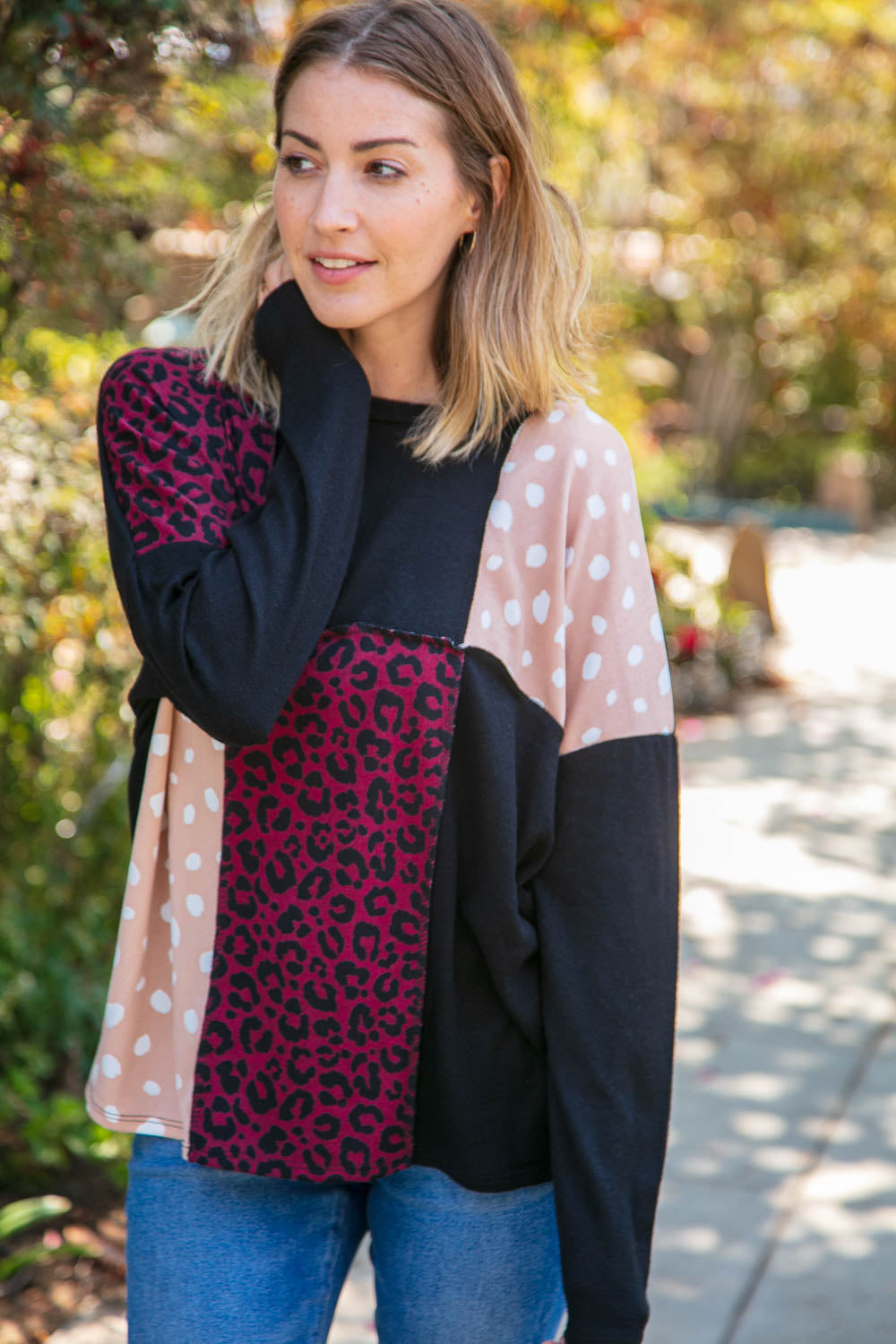 Cashmere Feel Leopard Patch Work Dolman Top