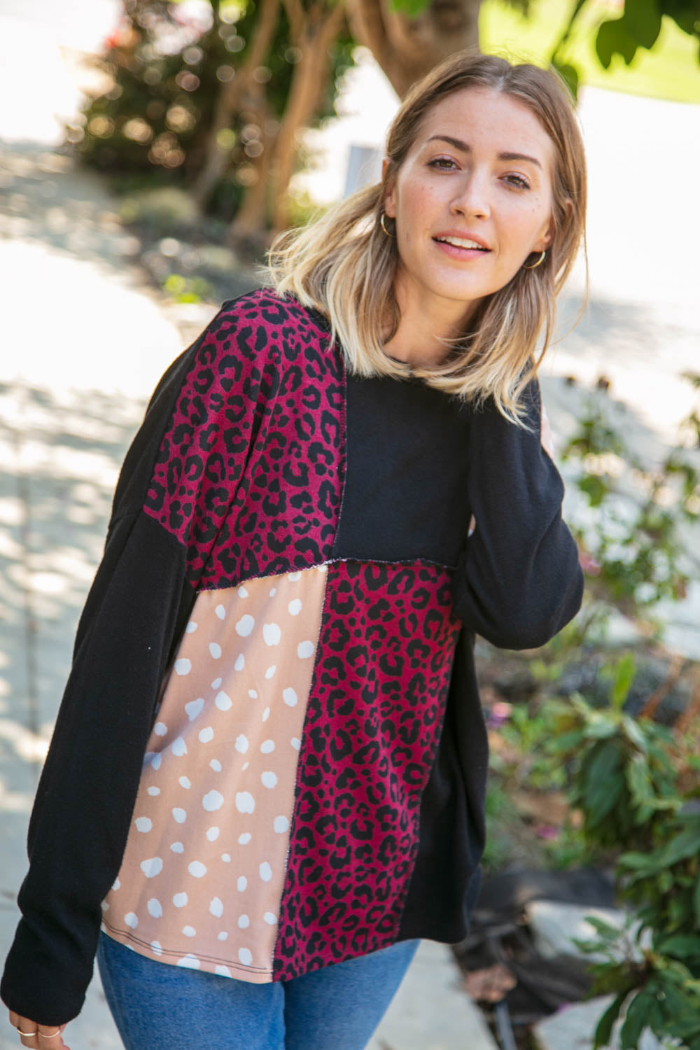 Cashmere Feel Leopard Patch Work Dolman Top