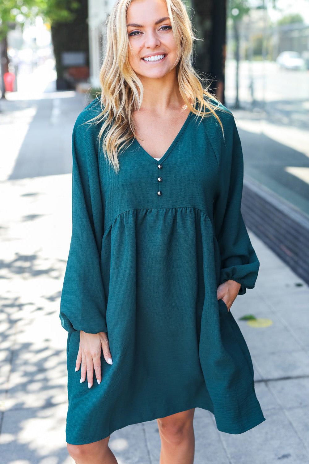 Beautiful You Hunter Green Woven Waffle V Neck Babydoll Dress