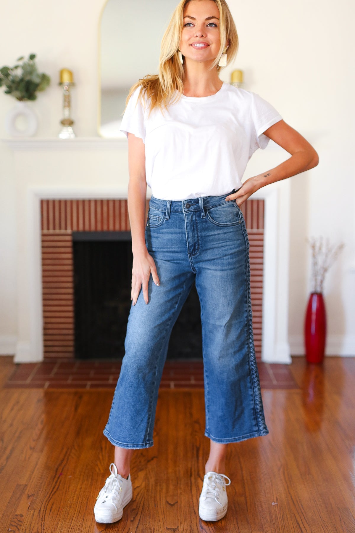 Judy Blue Medium Wash Braided Cropped Wide Leg Jeans