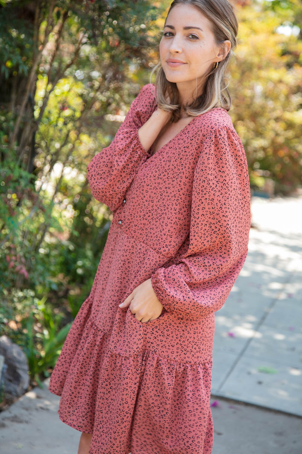 Leopard Button Detail Tiered Babydoll Dress