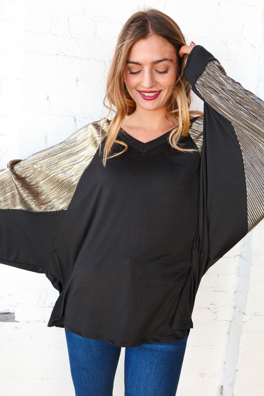 Black V Neck Dolman Shimmer Color Block Top