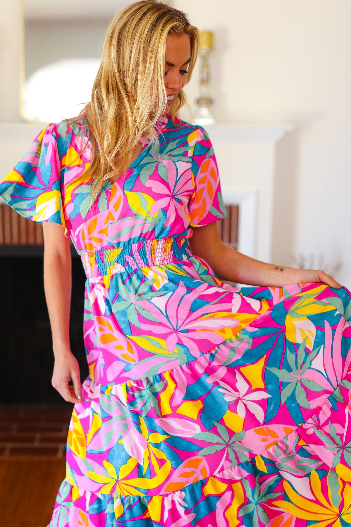 Tropical Trance Fuchsia Floral Smocked Waist Maxi Dress