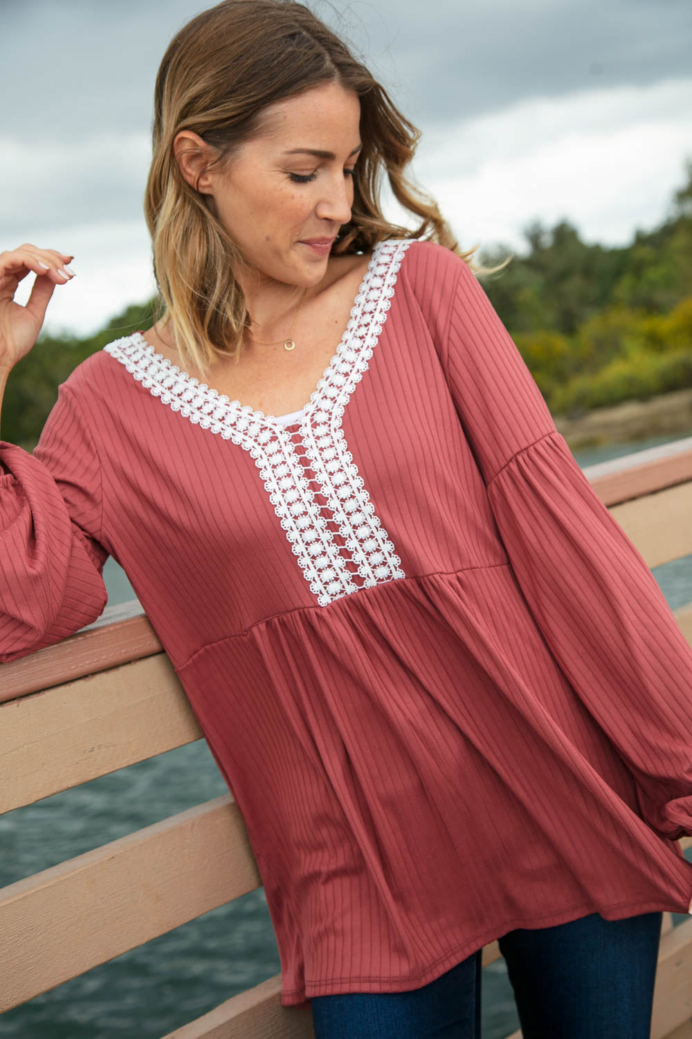 Dusty Rose Crochet Laced V Neck Babydoll Rib Top