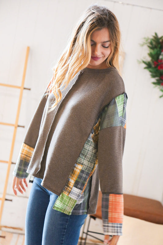 Dark Olive Corded Brushed Hacci Plaid Top