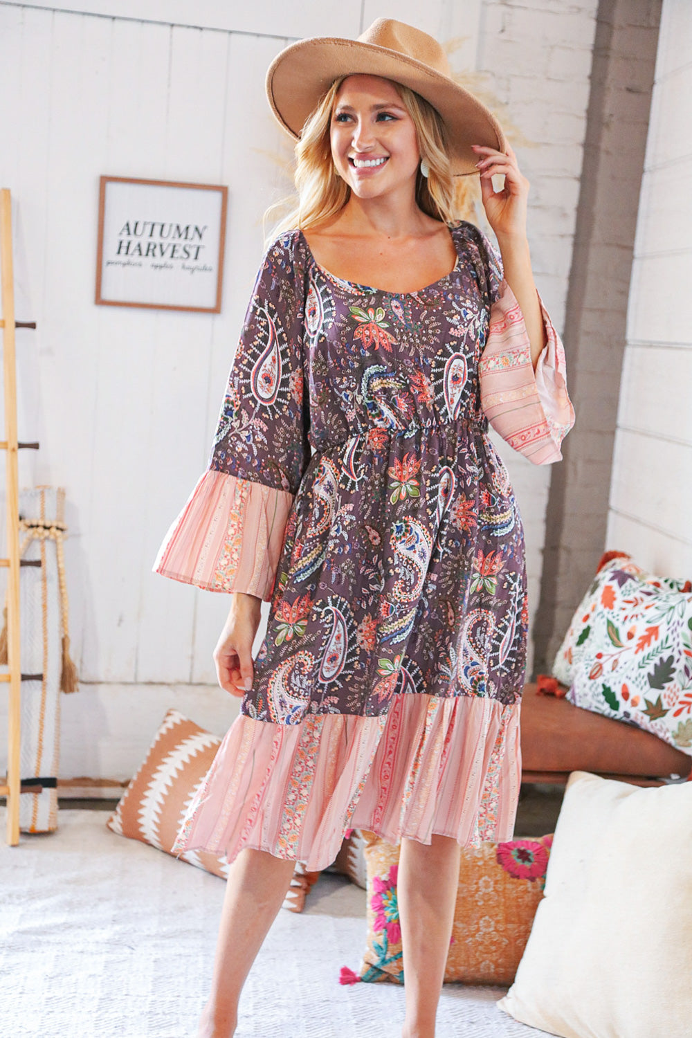 Berry Ethnic Paisley Sweet Heart Neck Bell Sleeve Dress