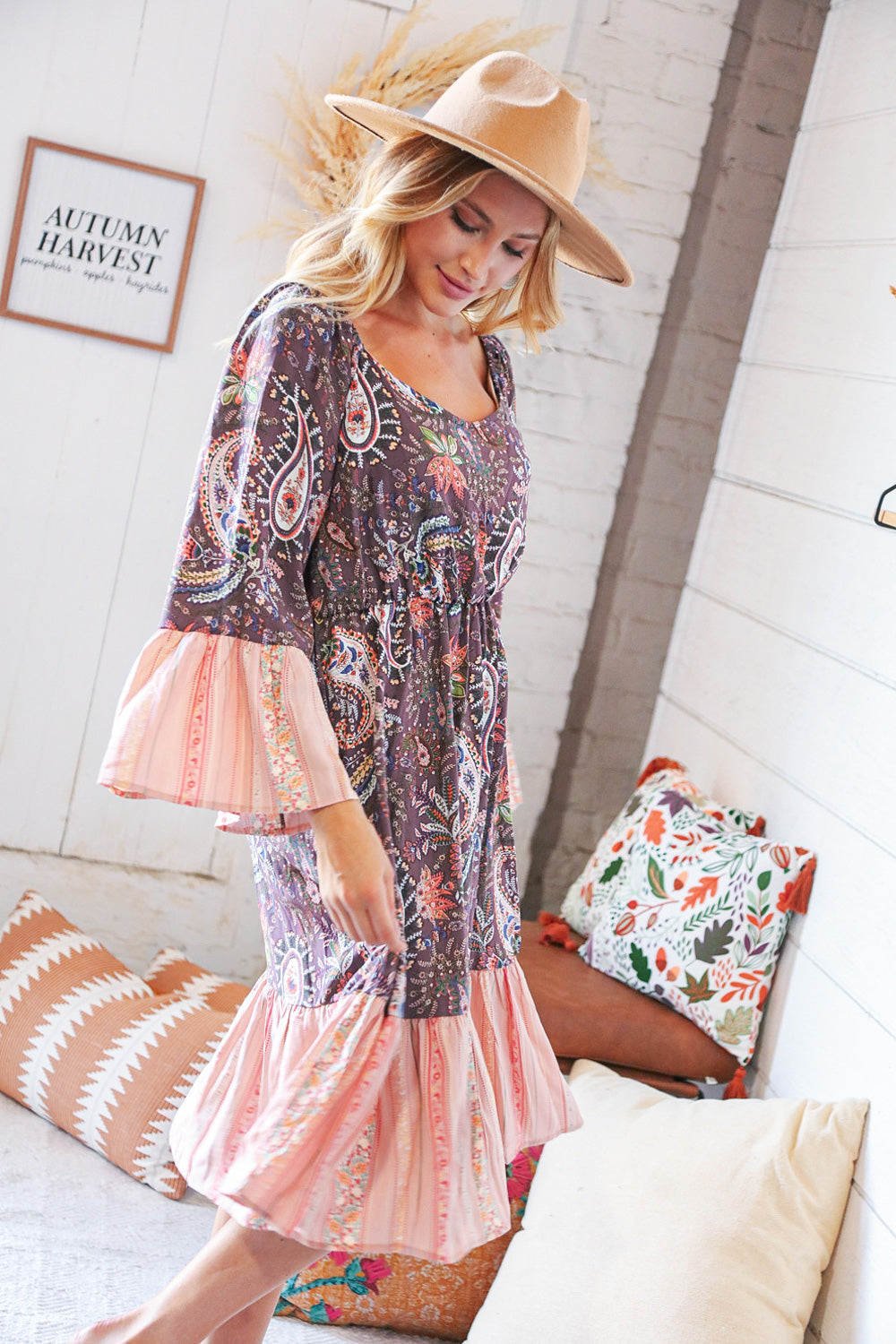 Berry Ethnic Paisley Sweet Heart Neck Bell Sleeve Dress