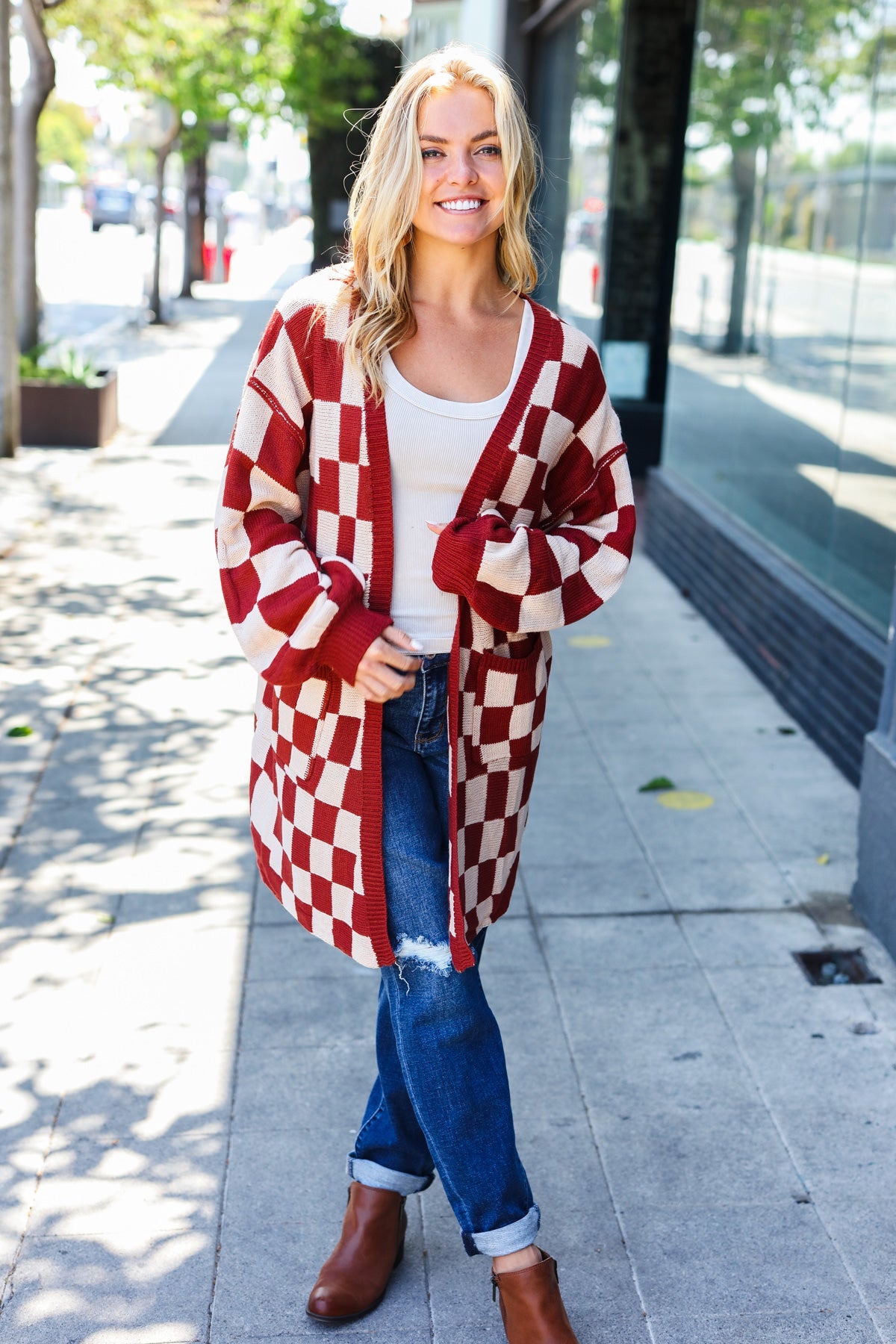 Can't Help But Love Rust Checkered Open Cardigan