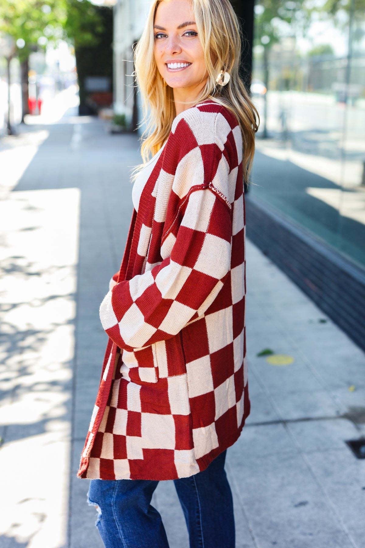 Can't Help But Love Rust Checkered Open Cardigan